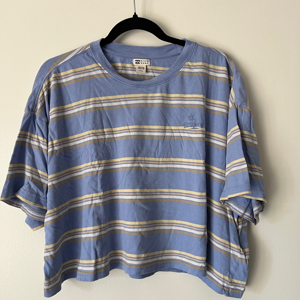 Billabong S Oversized Blue and Yellow Striped T-Shirt